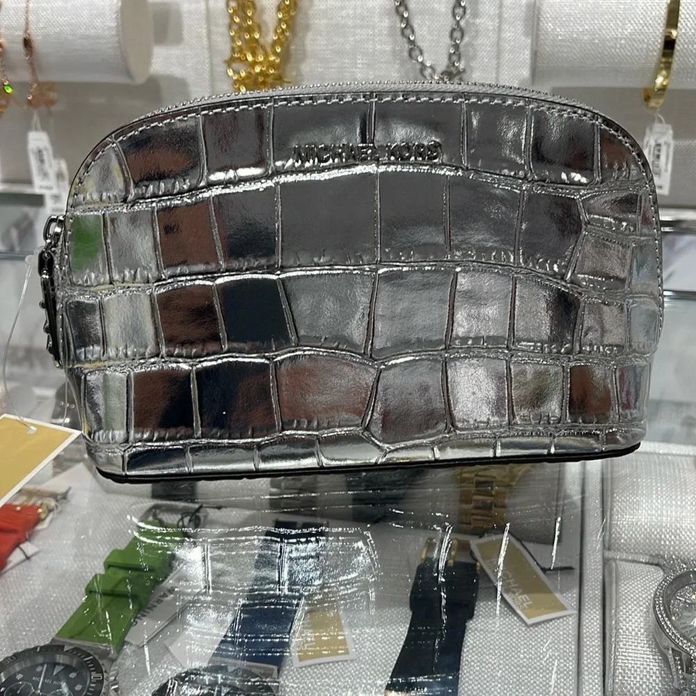 Michael Kors Empire Sm Metallic Crocodile Embossed Leather Travel Pouch Silver